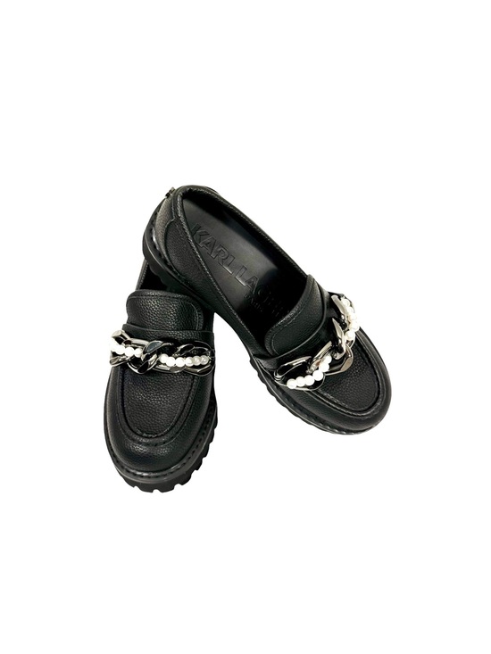 Karl Lagerfeld Shoes - Karl Lagerfeld Black Leather lug Loafers with Chain & Pearl Trim size 8.5